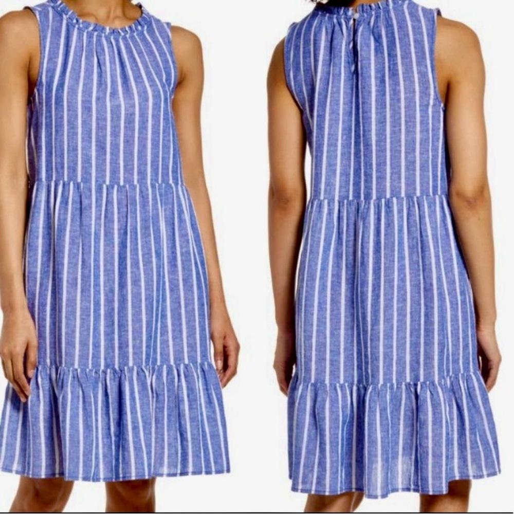 Beachlunchlounge Linen Cotton Blend Striped Sleeveless Relaxed Fit CoverUp Dress